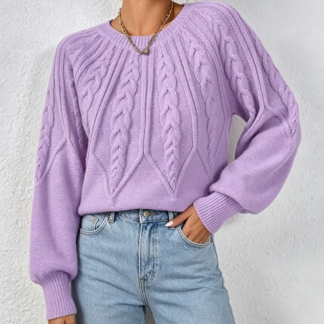 Women short-cut chunky knit cable sweater with balloon sleeves Mune Fashion