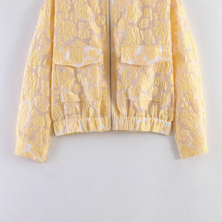 Women's Short Floral Jacquard Bomber Jacket with Zipper and Flap Pockets Mune Fashion