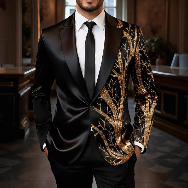 Men's tuxedo blazer with gold sequin trim and tailored satin look Mune Fashion