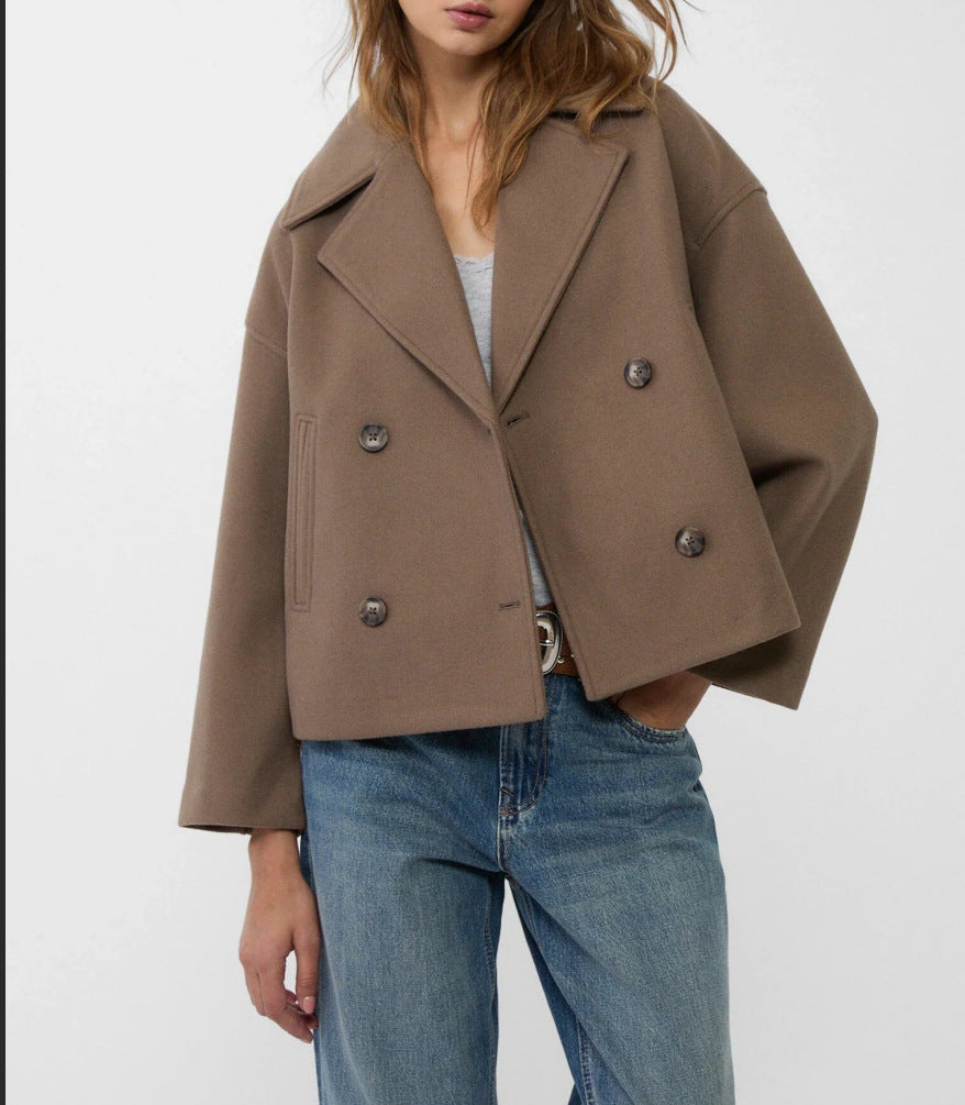 Women’s short cut double-breasted wool blend peacoat with wide lapels and boxy silhouette Mune Fashion