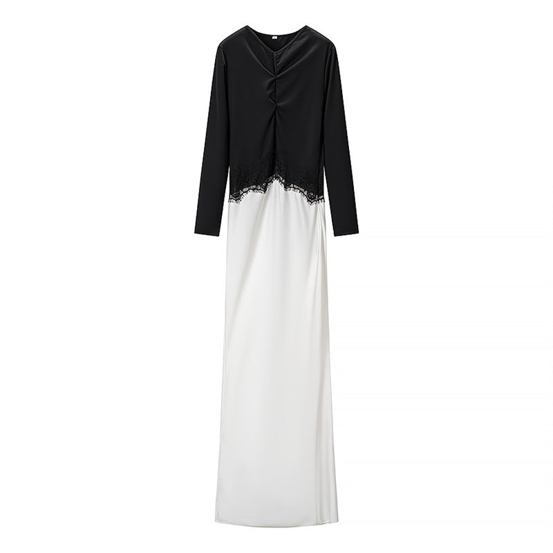 Women Two-tone Maxi Dress with Gathered V Yoke, Lace Trim and Long Sleeves Mune Fashion