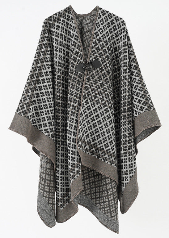 Women's wool poncho with geometric check pattern and toggle closure Mune Fashion