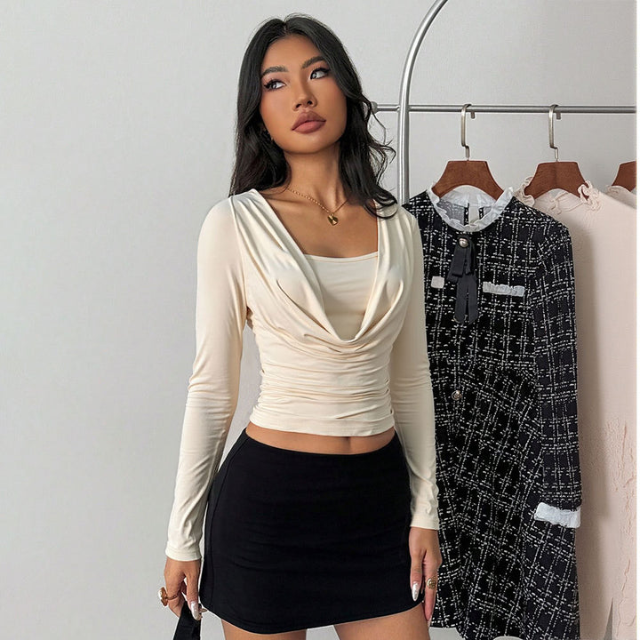 Women's draped long-sleeve cropped top with waterfall cowl underlayer insert and tailored gathering Mune Fashion