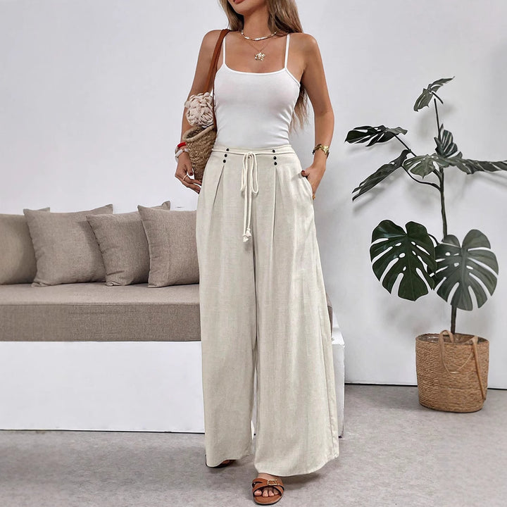 Women's Wide Palazzo Linen Pants with High Waist and Drawstring Mune Fashion