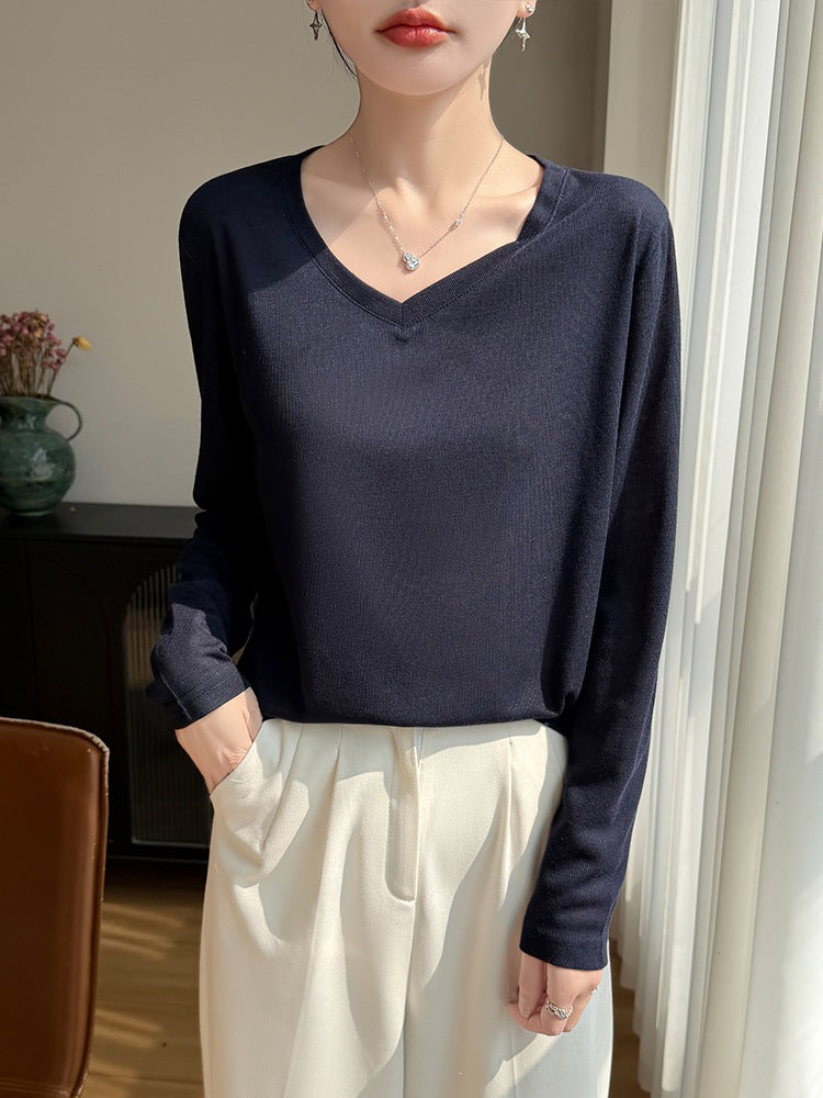 Ladies Lightweight V-Neck Fine Knit Long Sleeve Mune Fashion