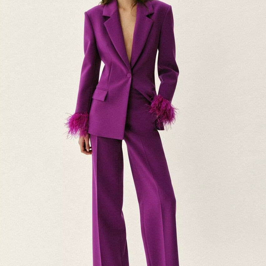 Women Two-Piece Pants Suit with Feather Trim on Sleeve Edges Mune Fashion