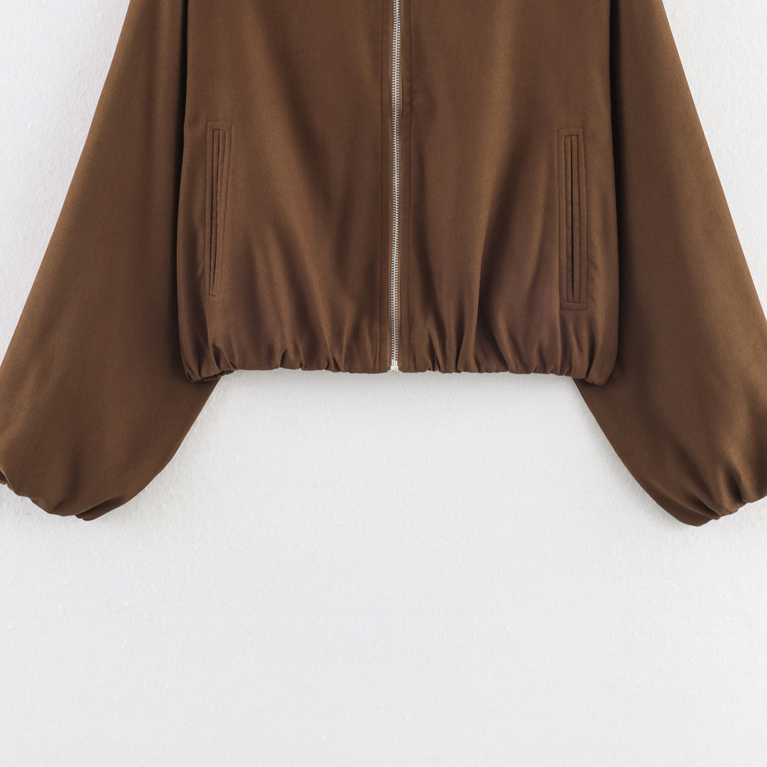 Women's Cropped Bomber Jacket with Elastic Hem, Full Zip and Balloon Sleeves Mune Fashion