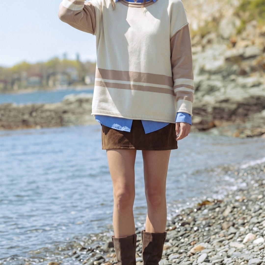 Ladies chunky knit sweater with sequin stripe, oversized fit & round neck Mune Fashion