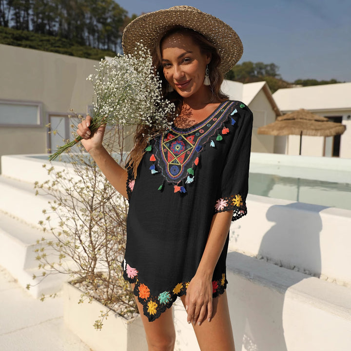 Women's airy kaftan with colorful crochet pattern Mune Fashion