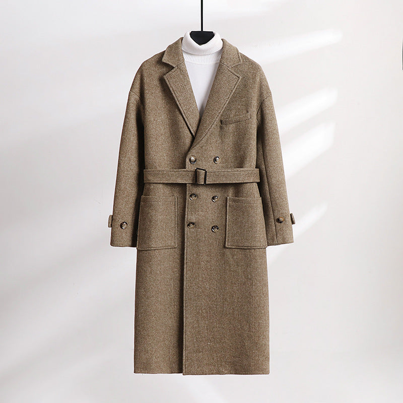 Men's Double-Breasted Wool Blend Long Coat with Notched Lapels and Flap Pockets Mune Fashion