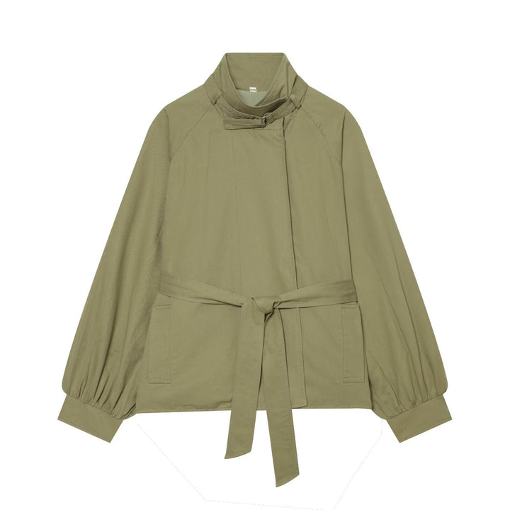 Women's Short Cape Trench Coat with Waist Belt and Funnel Collar Mune Fashion