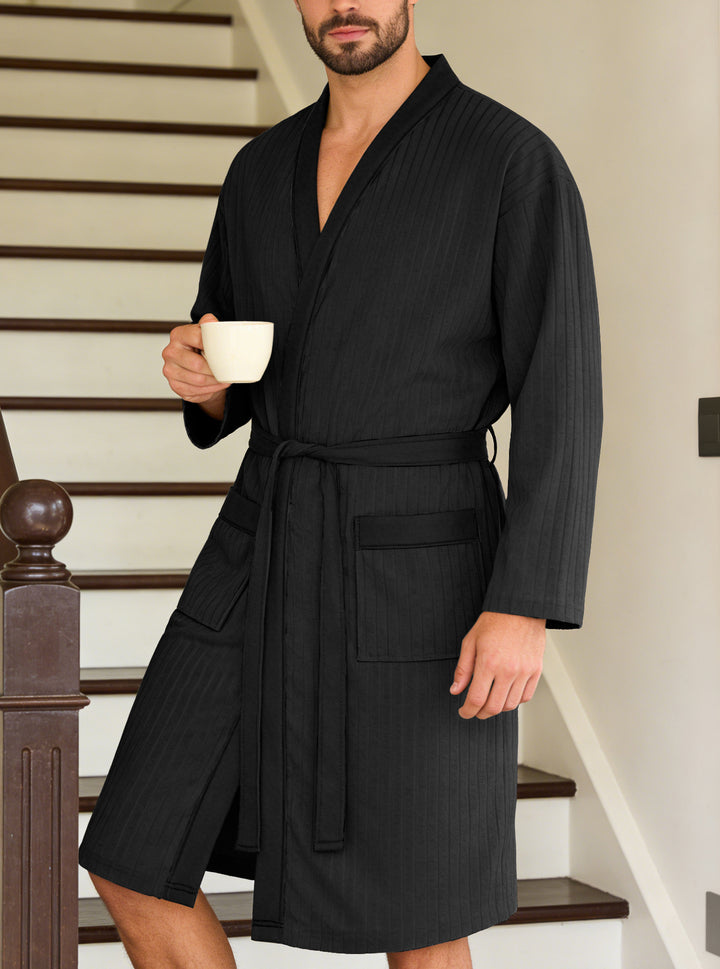 Men's lightweight cotton kimono bathrobe with waffle texture and patch pockets Mune Fashion