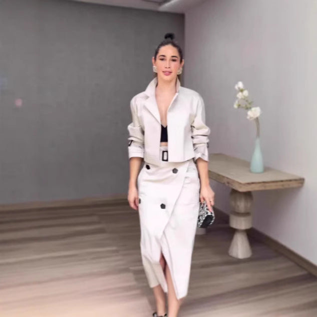 Women's Elegant Short Blazer Set with Fitted Wrap Pencil Skirt Mune Fashion