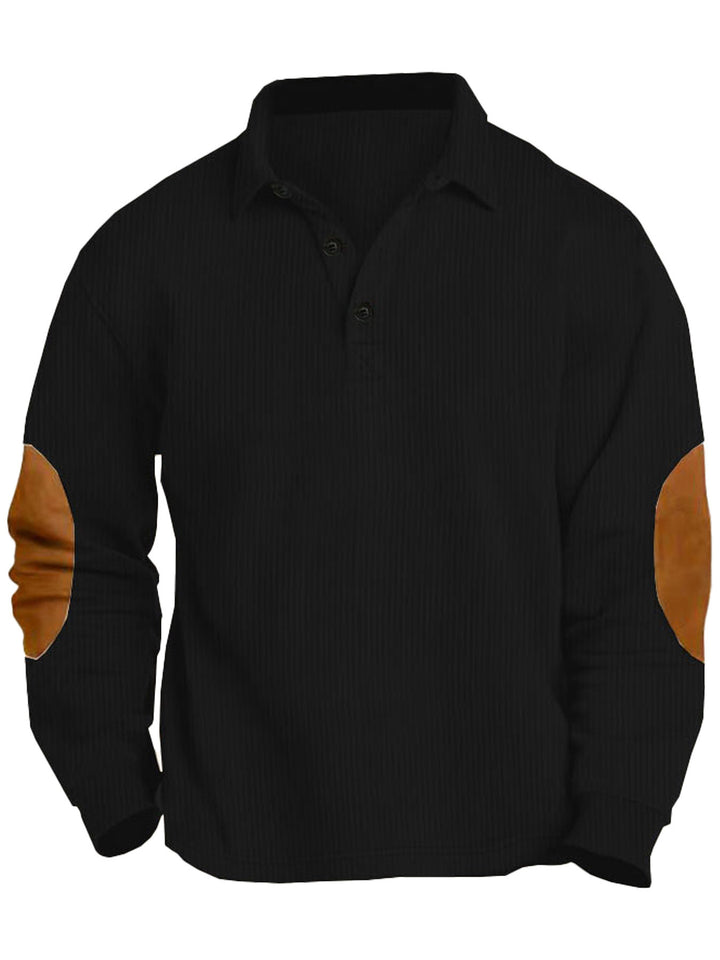 Men's nan legeres long sleeve polo shirt with shirt collar, short button placket, fine texture and velour elbow patches Mune Fashion