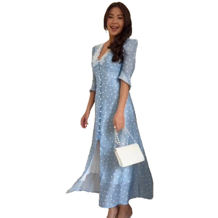 Women's maxi dress with lace V-neck, full button placket and puff sleeves Mune Fashion