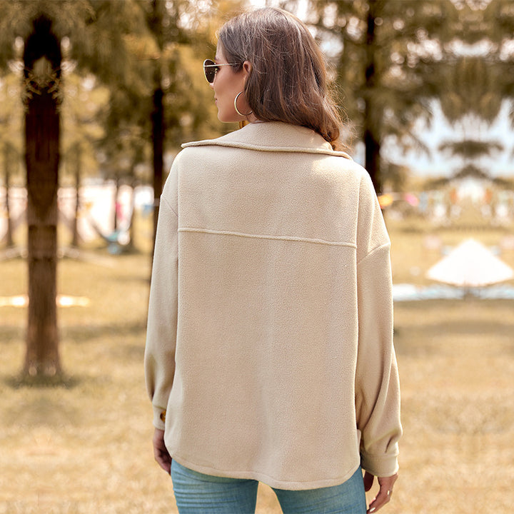 Women's Oversized Fleece Shirt Jacket with Patch Chest Pockets and Full Button Placket Mune Fashion