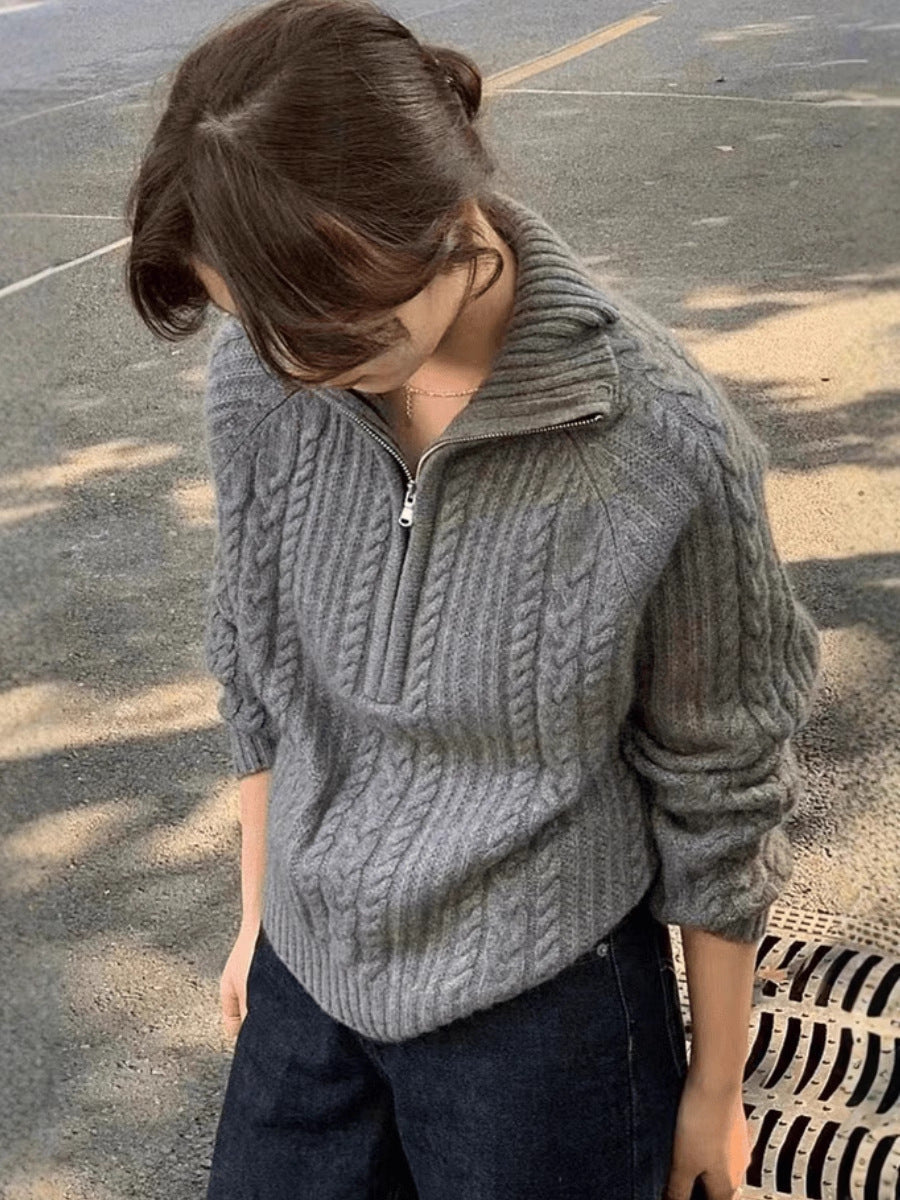 Ladies cable knit polo collar sweater with half zipper and soft mohair look Mune Fashion