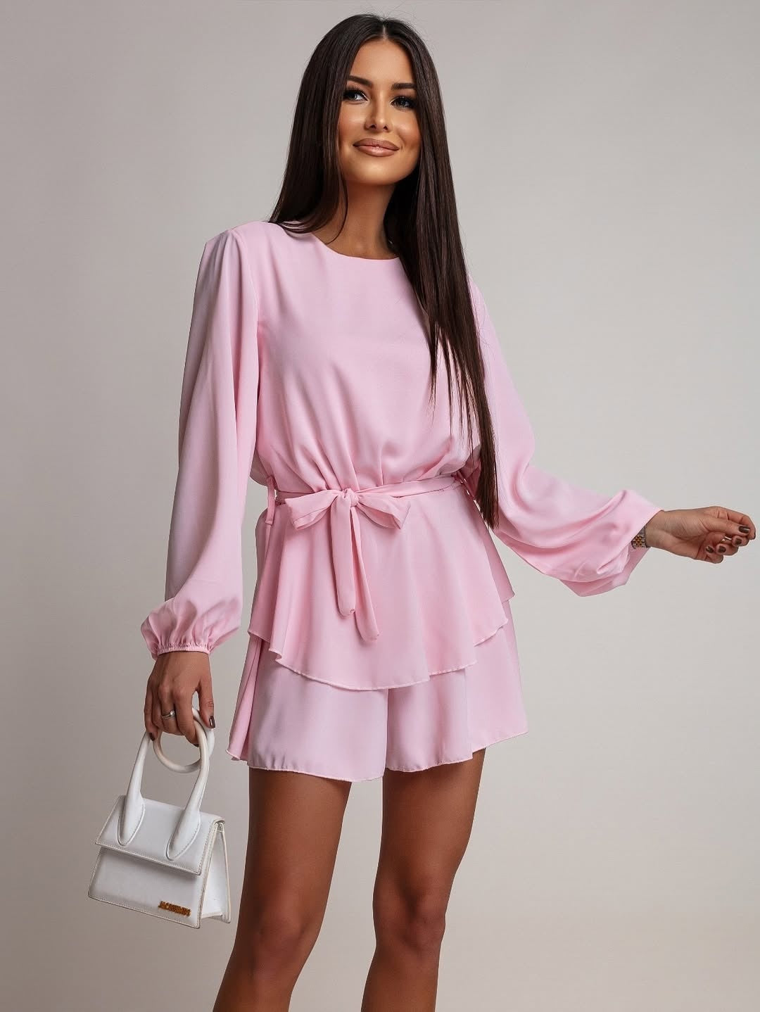 Women's short dress with flounce skirt, waist tie belt, and balloon sleeves Mune Fashion