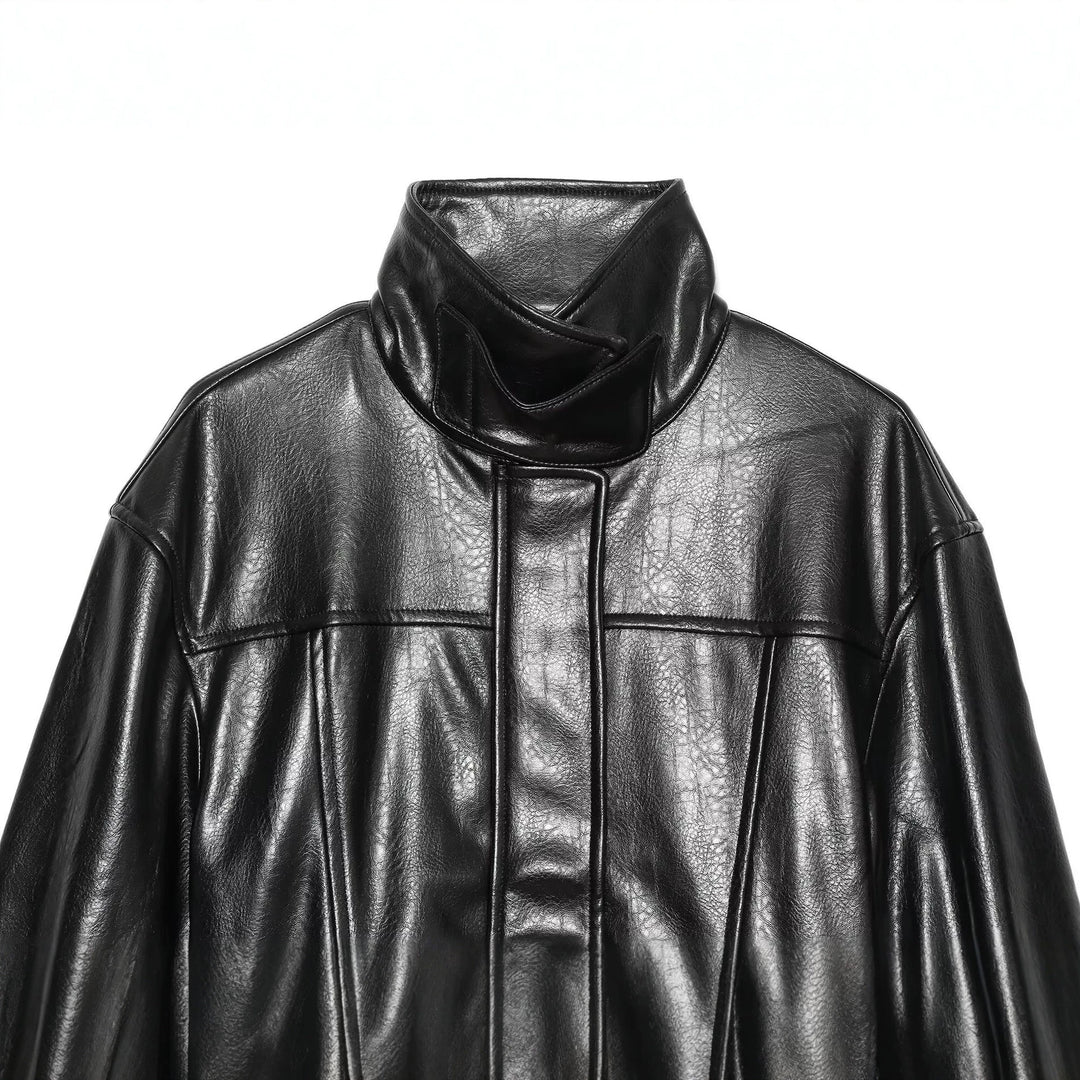 Women's Short Oversized Faux Leather Trench with High Stand Collar and Waist Belt Drune