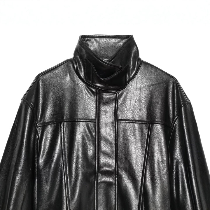 Women's Short Oversized Faux Leather Trench with High Stand Collar and Waist Belt Drune