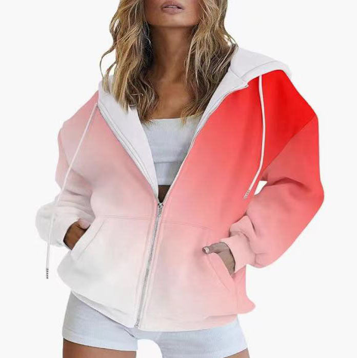 Women Oversize Hoodie Jacket with Gradient Color, Zipper and Kangaroo Pockets Mune Fashion
