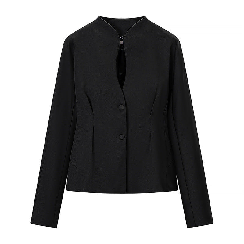 Women's Tailored Short Blazer without Lapels with Stand-Up Collar Look and Shaping Seams Mune Fashion