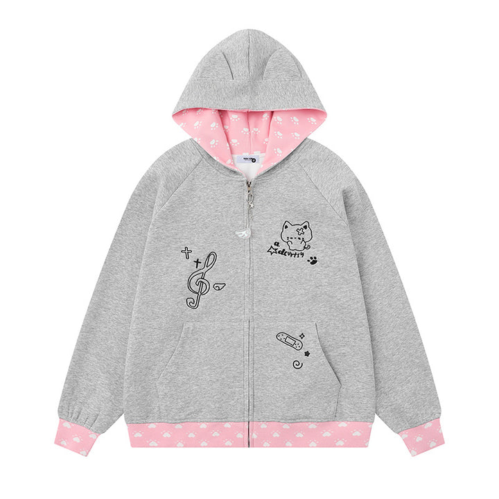 Women's hoodie with zipper in casual kawaii style, contrast hood, comic prints and ribbed cuffs Mune Fashion
