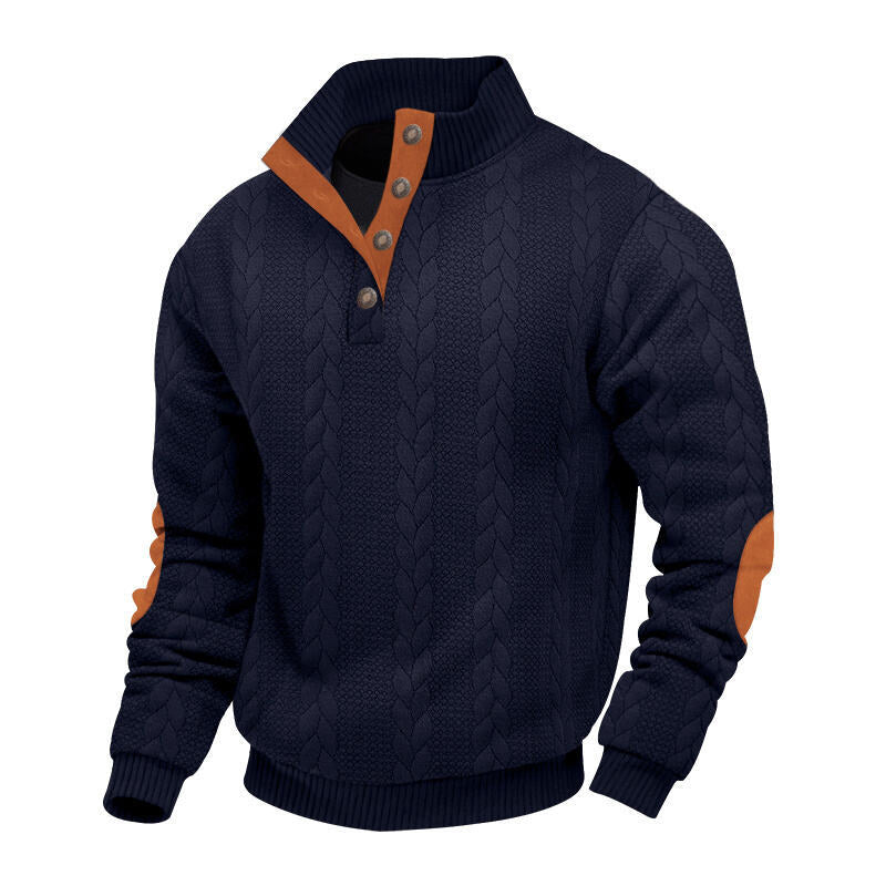 Men's chunky cable knit Troyer with button placket and suede elbow patches Mune Fashion