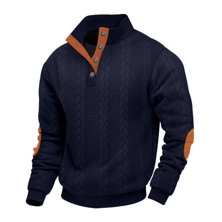 Men's chunky cable knit Troyer with button placket and suede elbow patches Mune Fashion