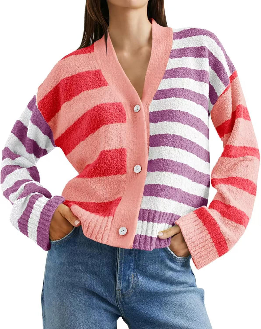 Women’s loose striped terry cardigan with V-neck and button placket Mune Fashion