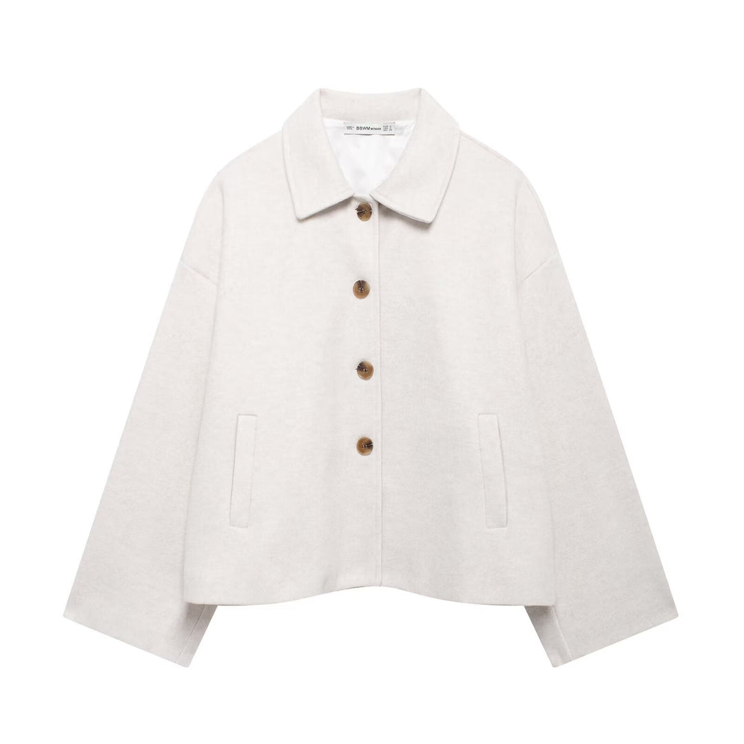 Women's short casual wool jacket with shirt collar, full button placket, and inset side pockets Mune Fashion