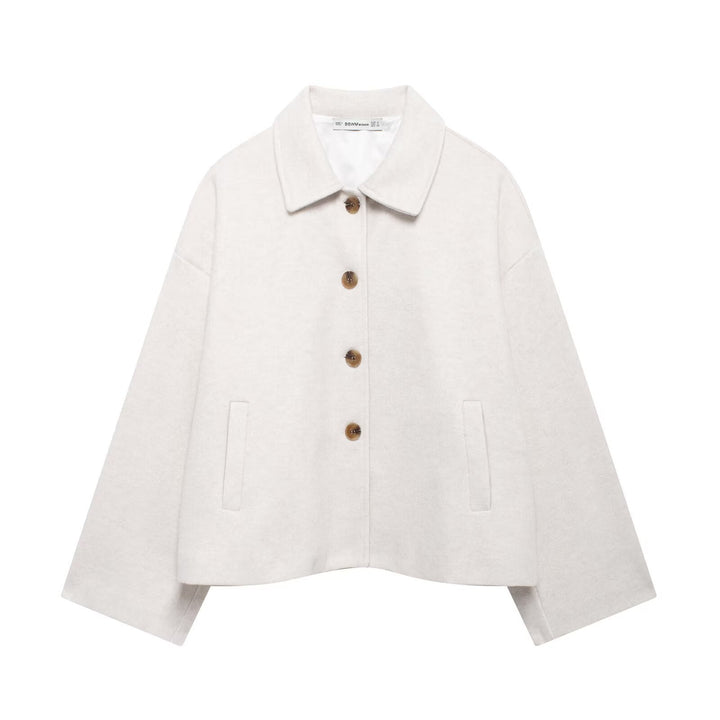 Women's short casual wool jacket with shirt collar, full button placket, and inset side pockets Mune Fashion