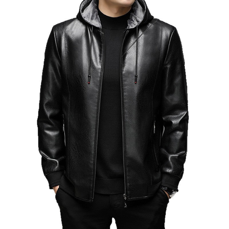 Men's faux leather hooded jacket with fine texture, zipper, and ribbed cuffs Mune Fashion