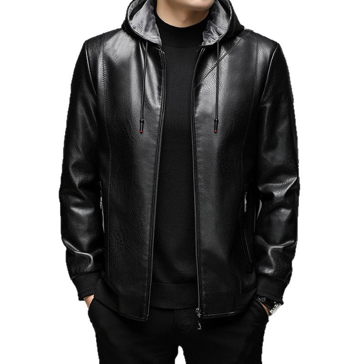 Men's faux leather hooded jacket with fine texture, zipper, and ribbed cuffs Mune Fashion