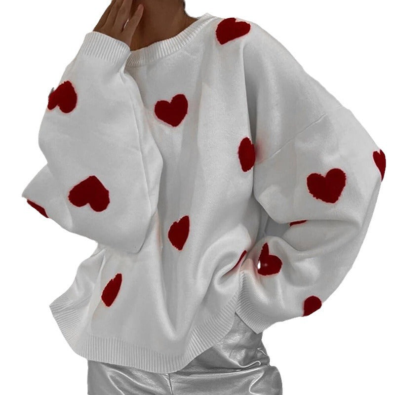 Women's Oversized Fine Knit Sweater with Allover Heart Intarsia and Dropped Shoulders Mune Fashion
