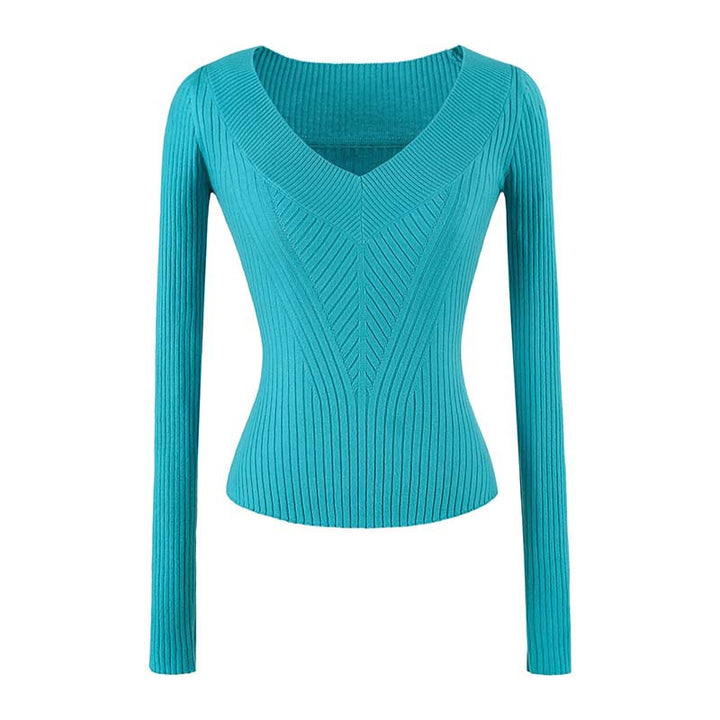Women's Tailored Ribbed Knit Sweater with V-Neck and Shaping Structure Mune Fashion