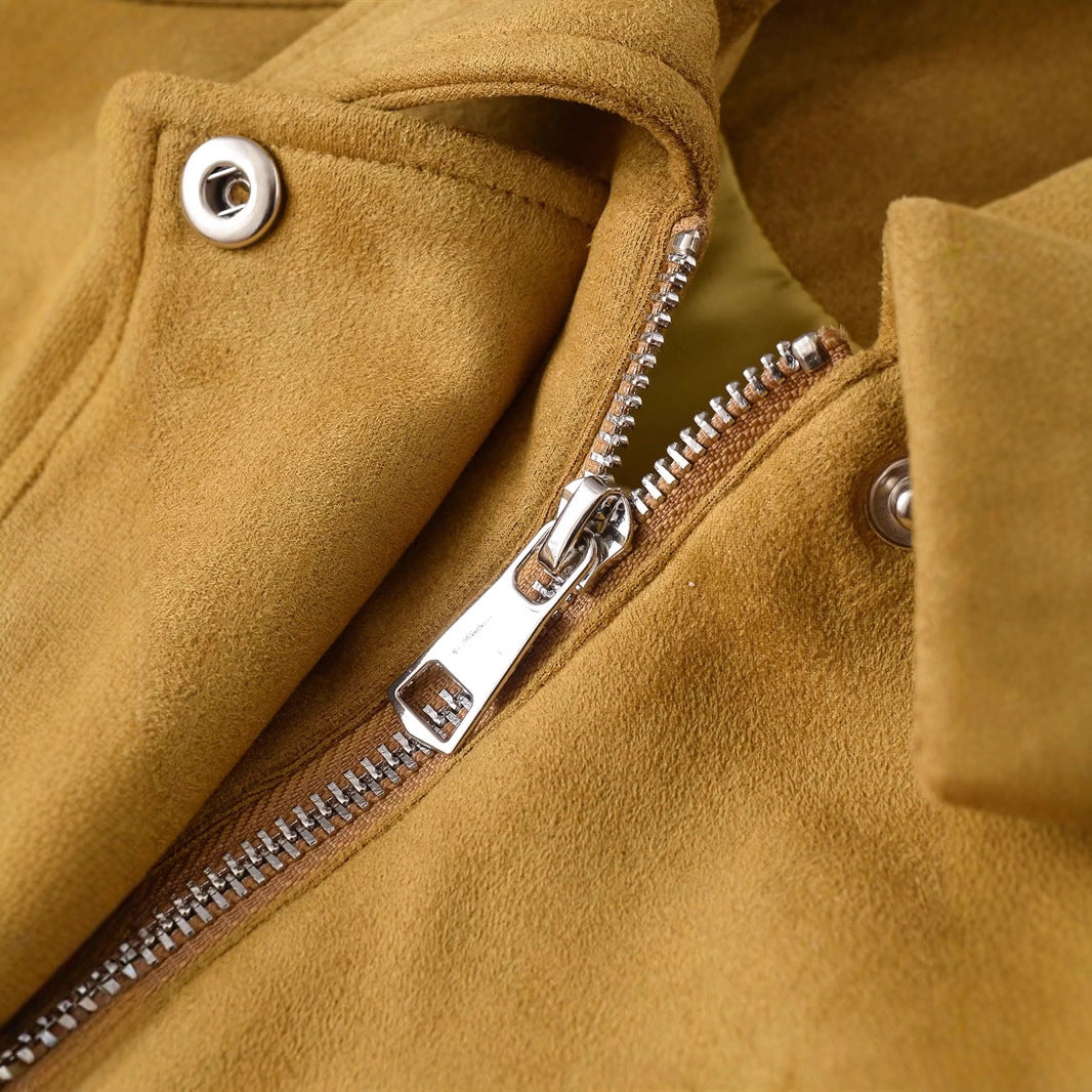 Women's cropped suede look bomber jacket with concealed zipper and tailored elastic hem Mune Fashion