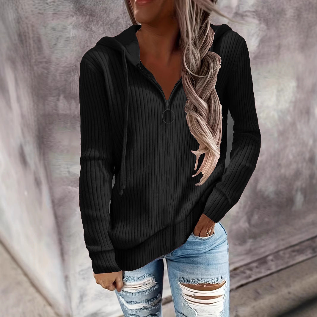 Women's Casual Ribbed Knit Hoodie with Half-Zip and Ring Zipper Drune