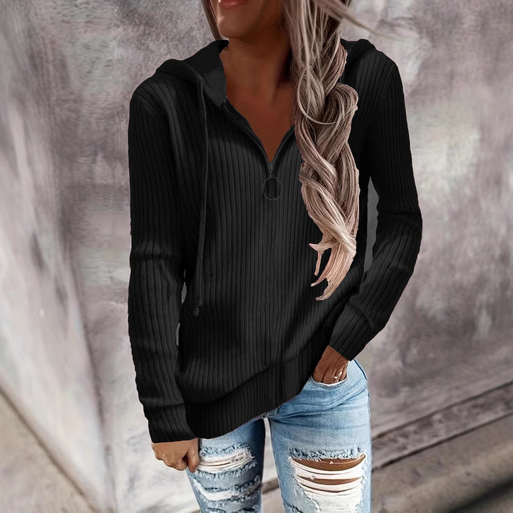 Women's Casual Ribbed Knit Hoodie with Half-Zip and Ring Zipper Drune
