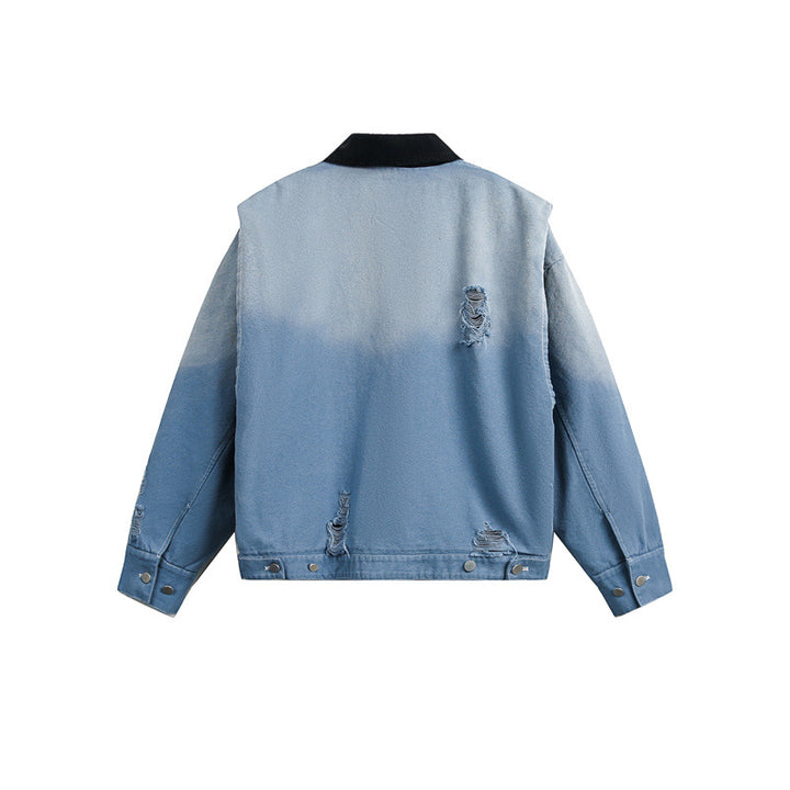 Men's Cropped Denim Blouson Jacket in Used Look with Cord Collar and Distressed Details Mune Fashion