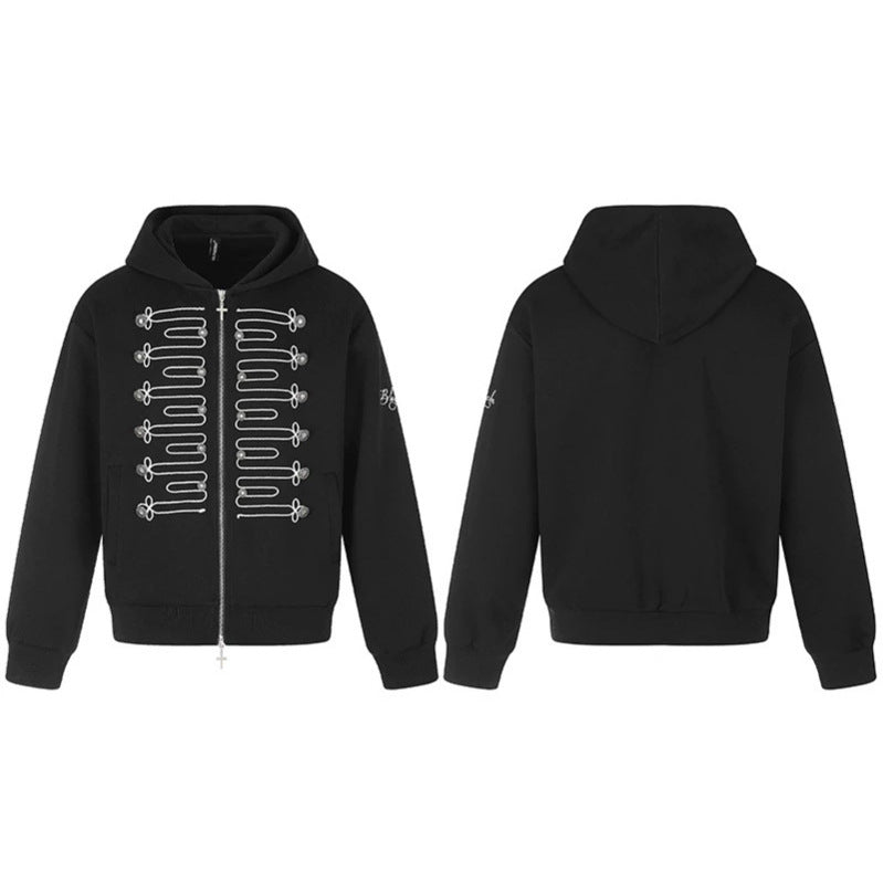 Unisex Zip-Hooded Jacket in Military Style with Decorative Cords and Metal Buttons Mune Fashion