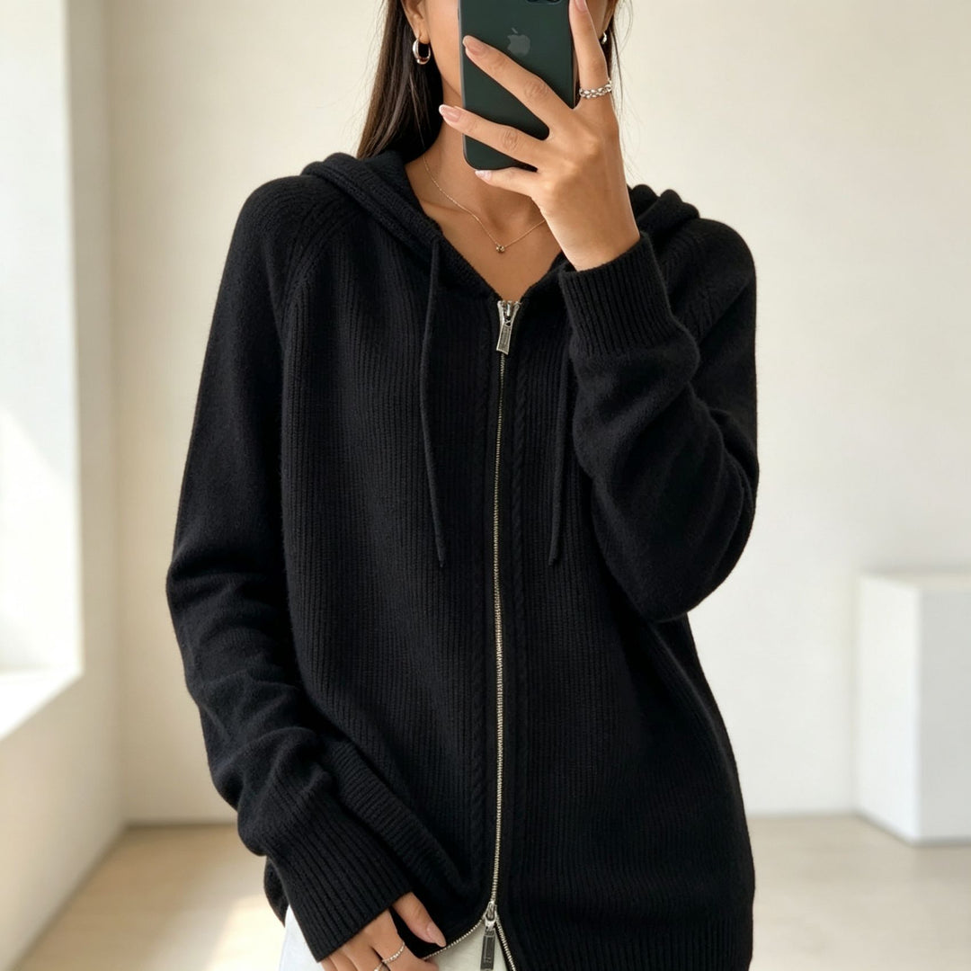 Women's hooded cardigan with zipper, fine knit and ribbed cuffs Mune Fashion