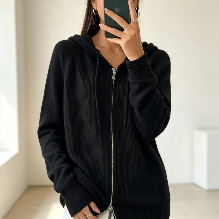 Women's hooded cardigan with zipper, fine knit and ribbed cuffs Mune Fashion