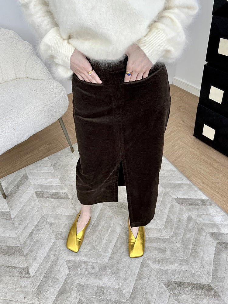 Women Elegant Cord Midi Skirt with Slit Mune Fashion
