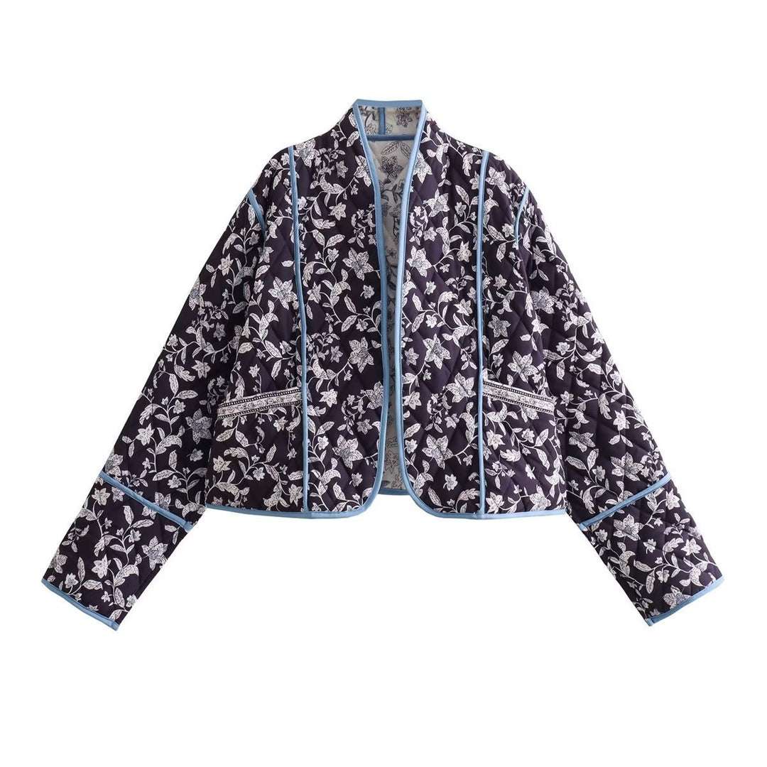 Women Quilted Cropped Puffer Jacket with Floral All-Over Pattern and Contrasting Piping Mune Fashion
