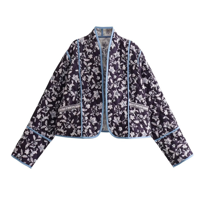 Women Quilted Cropped Puffer Jacket with Floral All-Over Pattern and Contrasting Piping Mune Fashion