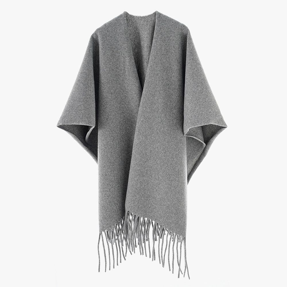 Women Minimalist Wool Cape with Fringe Hem and Open Fall Mune Fashion