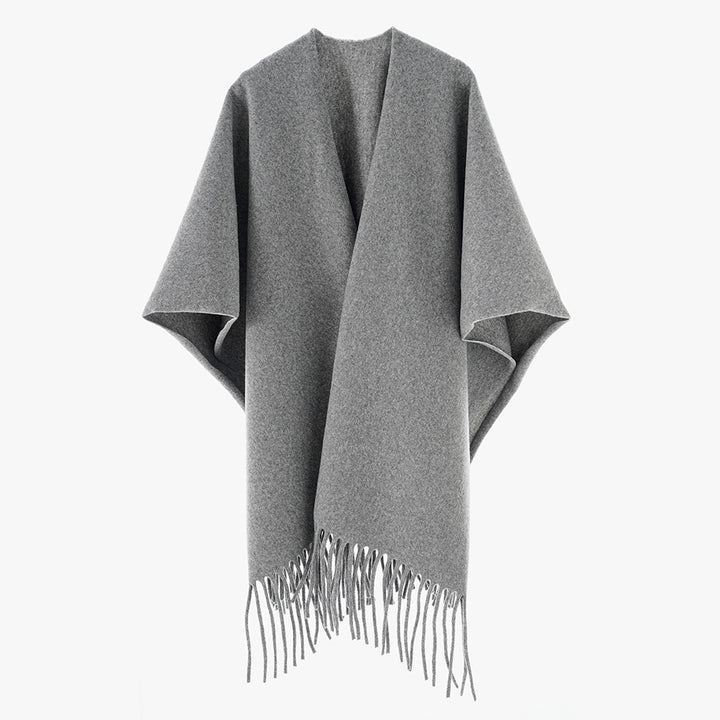 Women Minimalist Wool Cape with Fringe Hem and Open Fall Mune Fashion