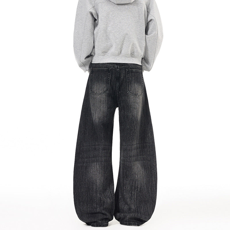 Men's Wide Vintage-inspired Denim Palazzo Pants with Extended Hem and Soft Bleach Effects Mune Fashion