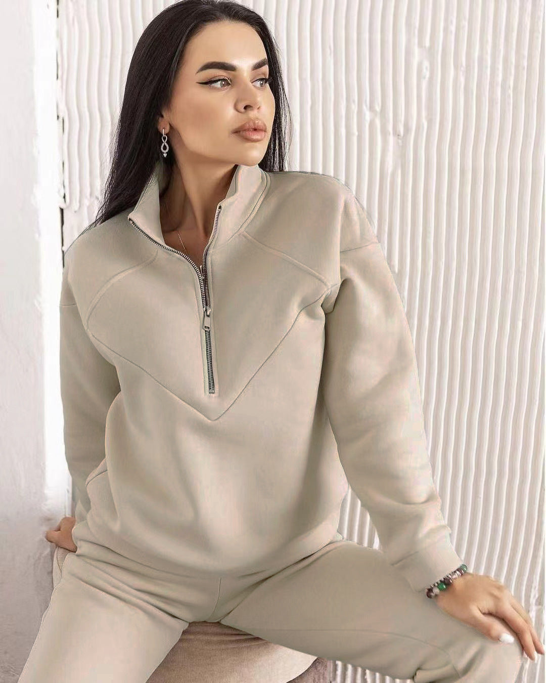 Women's Two-Piece Sweat Loungewear Set with Troyer Zipper and Elastic Jogging Pants Mune Fashion